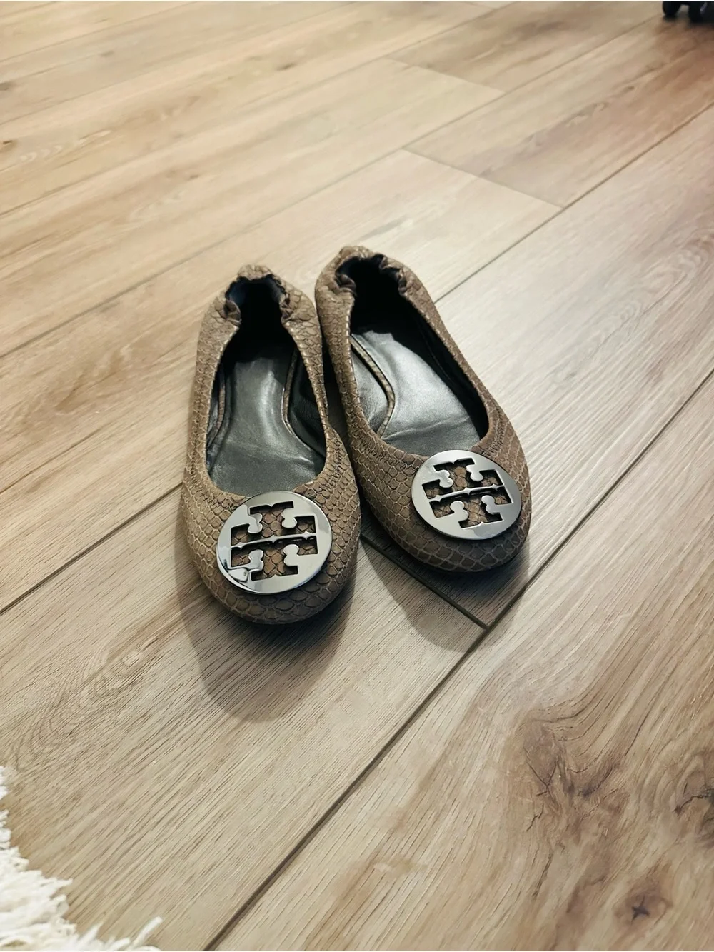 Tory Burch Taupe Snake-Embossed Logo Ballet Flats